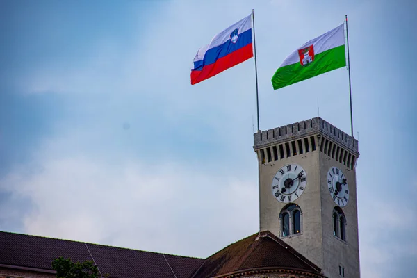 Bandeira Eslovênia Cidade Liubliana Acenando Sobre Torre Castelo Liubliana — Fotografia de Stock