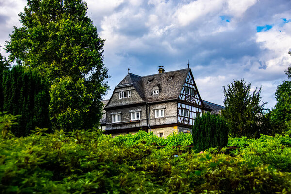 Traditional German house near Schlosshotel Kronberg (Castle Hotel Kronberg) in Kronberg im Taunus, Hesse, Germany 31.07.2019