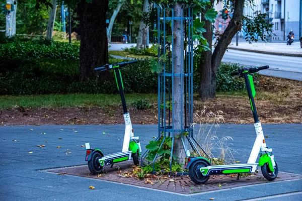 Elektrikli Scooterlar Park Halinde Frankfurt Parkında Kiralanmaya Hazır — Stok fotoğraf