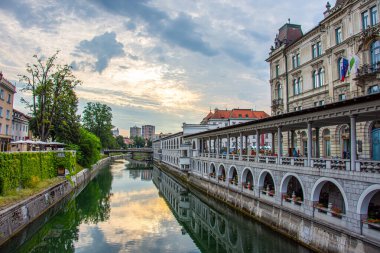 Ljubljanica nehrinin güzel manzarası Ljubljana 'nın başkenti Slovenya' nın merkezinde akıyor. Bir Avrupa ülkesi, 2019.07.27
