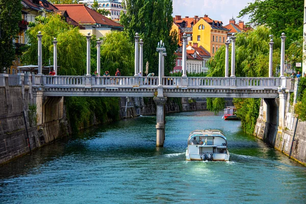 Piękny Krajobraz Rzeki Ljubljanica Płynącej Centrum Lublany Stolica Słowenii Jeden — Zdjęcie stockowe