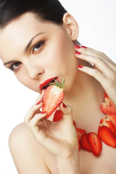 Woman with strawberry on the white background — Stock Photo, Image