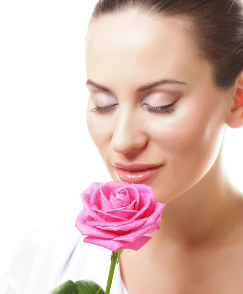 Beautiful  young woman with pink rose — Stock Photo, Image