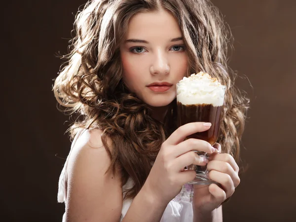 Girl with glass of coffee witn cream — Stock Photo, Image