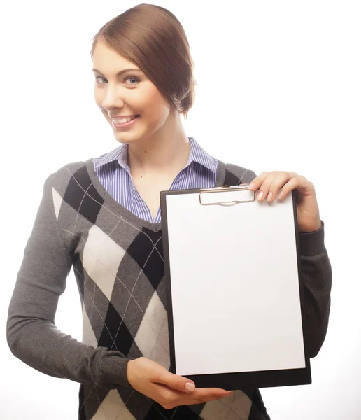 Obchodní žena držící schránky izolované na bílém — Stock fotografie