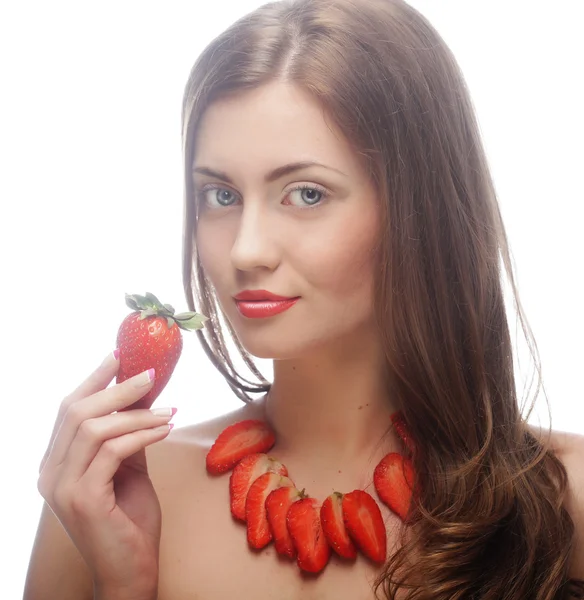 Woman with strawberry on the white background — Stock Photo, Image