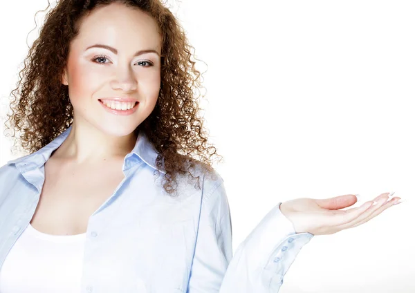 Young woman with open hand palm — Stock Photo, Image