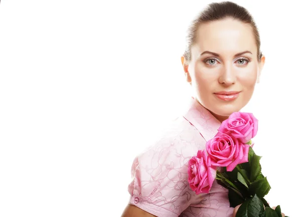 Γυναίκα με μπουκέτο ροζ τριαντάφυλλα — Φωτογραφία Αρχείου