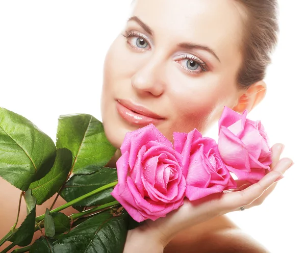 Vrouw met boeket van roze rozen — Stockfoto