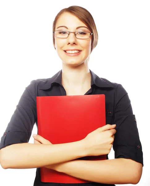 Smiling business woman with red folder — Stock Photo, Image