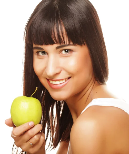 年轻快乐的笑脸女人，绿苹果 — 图库照片
