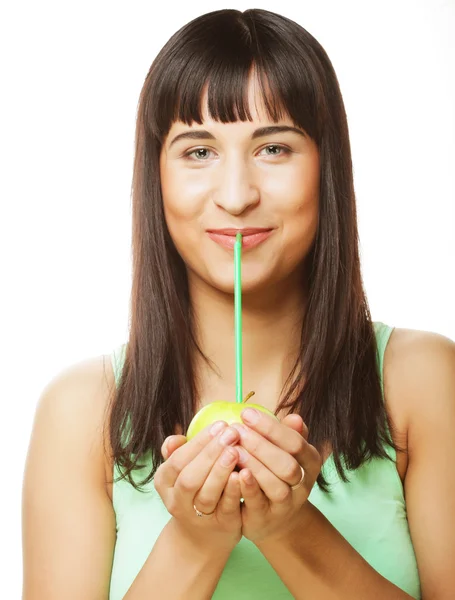 Beautiful woman drinking juice with straw — Stock Photo, Image