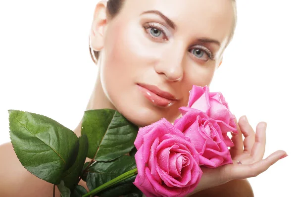 Beautiful  young woman with pink rose — Stock Photo, Image