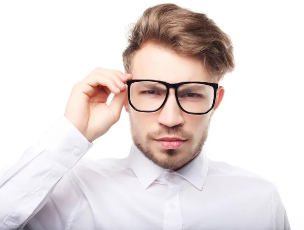 Geschäftsmann trägt Brille isoliert auf weißem Grund — Stockfoto