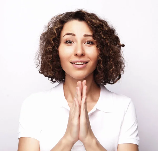 Lifestyle and people concept:Young happy woman with curly hair — Stock Photo, Image