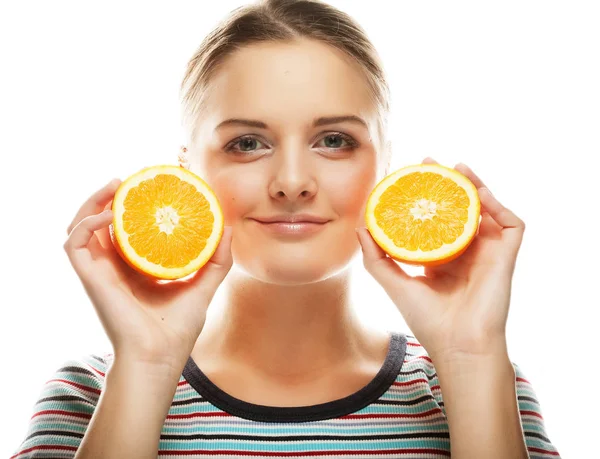 Woman with oranges in her hands studio portrait isolated on whit — Stock Photo, Image