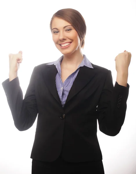 Ganadora mujer de negocios con las manos levantadas — Foto de Stock