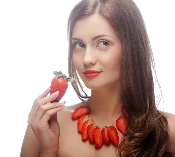 Woman with strawberry on the white background — Stock Photo, Image