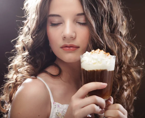 Girl with glass of coffee witn cream — Stock Photo, Image