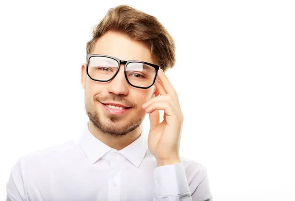 Young  trendy man with glasses smiling, studio shot — Stock Photo, Image