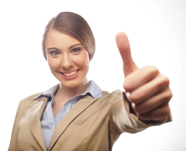 Happy businesswoman making an ok sign — Stock Photo, Image