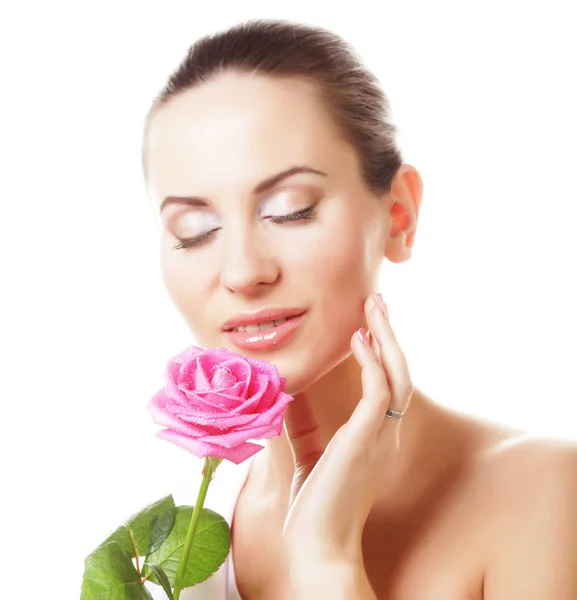 Beautiful  young woman with pink rose — Stock Photo, Image