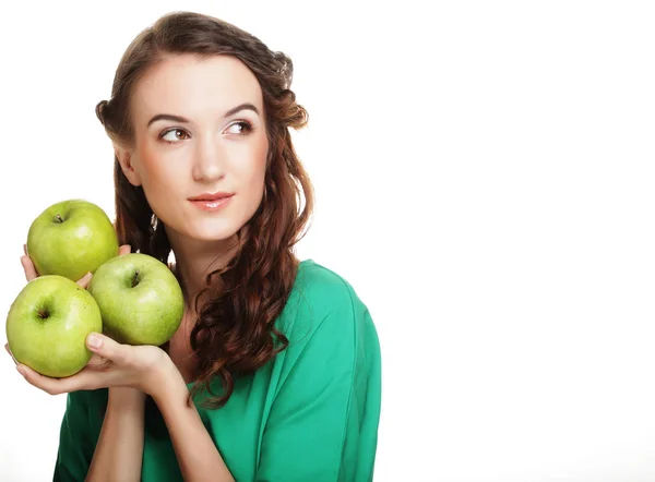 Young happy woman holding green apples. — Stock Photo, Image