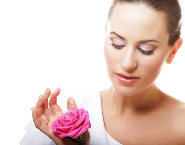 Beautiful  young woman with pink rose — Stock Photo, Image