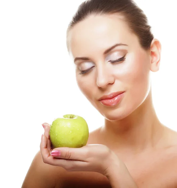 Young happy smiling woman with green apple — Stock Photo, Image