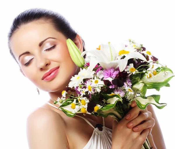 Giovane bella donna con bouquet, Buon giorno . — Foto Stock