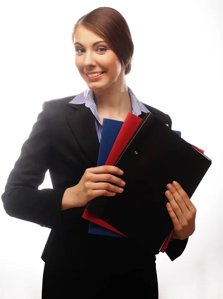 Retrato de mulher de negócios sorridente com pastas de papel — Fotografia de Stock