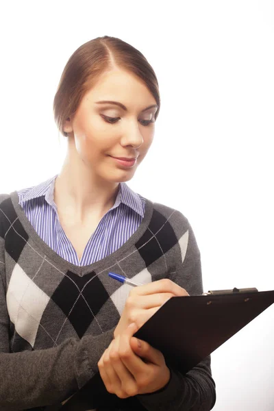 Business woman write on clipboard — Stock Photo, Image