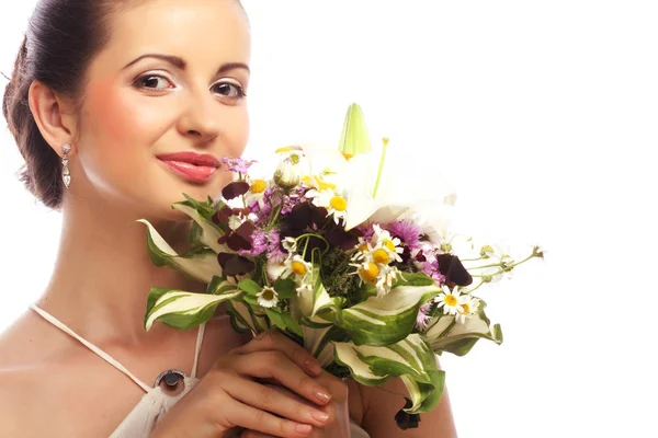 Giovane bella donna con bouquet, Buon giorno . — Foto Stock