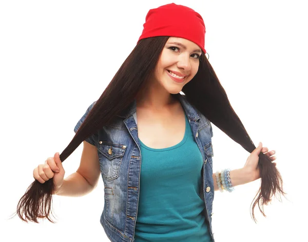 Close up studio portrait of cheerful   hipster girl going crazy — Stock Photo, Image