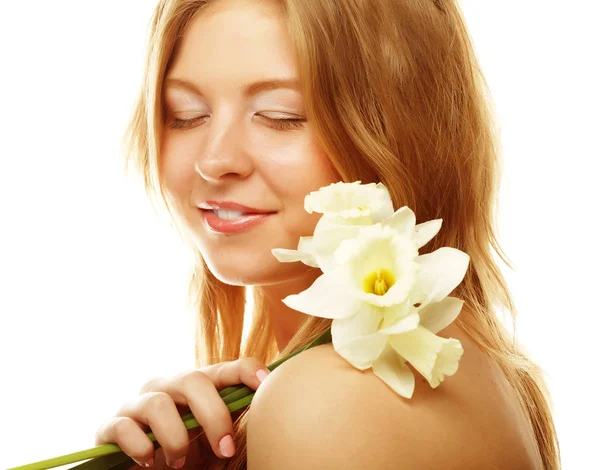 Beyaz çiçekli wh izole genç kadının Güzellik yüz