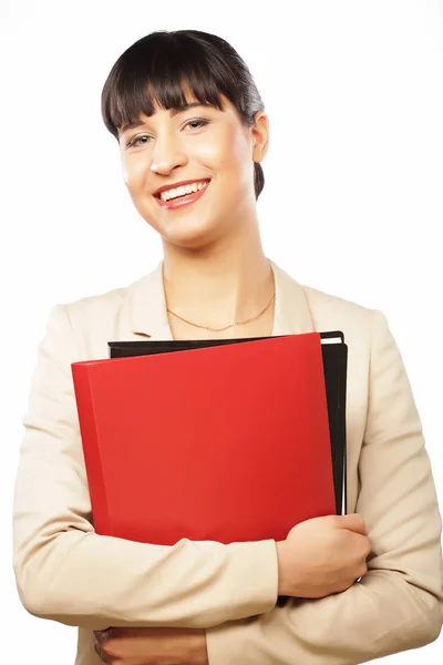 Portrait of smiling business woman with paper folders, isolated — Stock Photo, Image