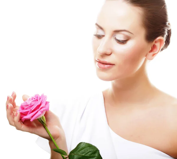 Beautiful  young woman with pink rose — Stock Photo, Image