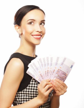 Mutlu olan kadın elinde dolar. Beyaz backgr izole