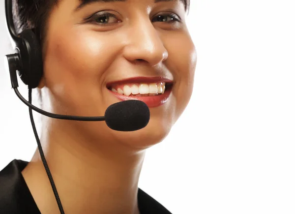 Portrait of smiling customer support female phone pekerja, over w — Stok Foto