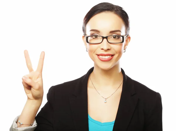 Successful business woman with arms up celebrating — Stock Photo, Image