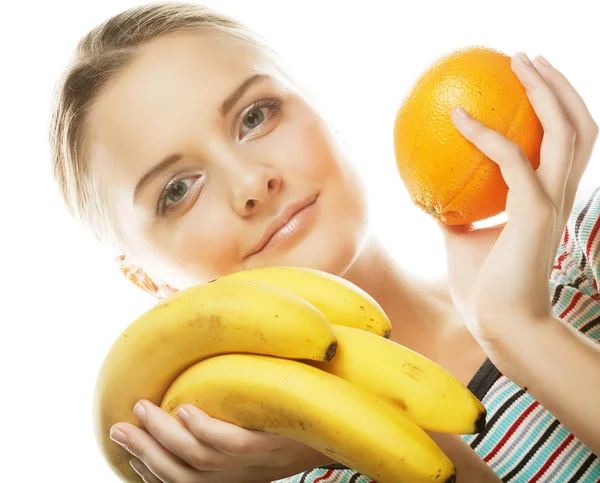 Mujer con frutas aisladas en blanco — Foto de Stock