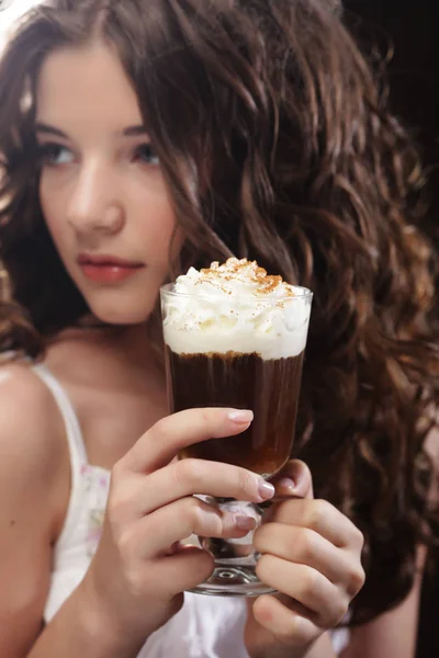Girl with glass of coffee witn cream — Stock Photo, Image