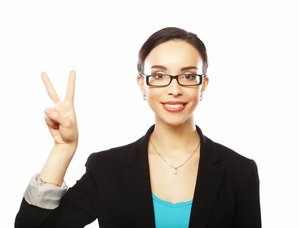 Successful business woman with arms up celebrating — Stock Photo, Image