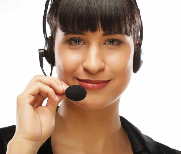 Retrato de la sonriente atención al cliente trabajadora telefónica, sobre w —  Fotos de Stock