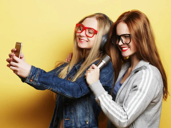 Twee meisjes met een microfoon zingen en plezier hebben samen, maken selfie — Stockfoto