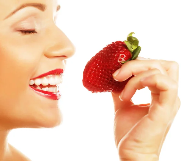 Woman with strawberry on the white background — Stock Photo, Image