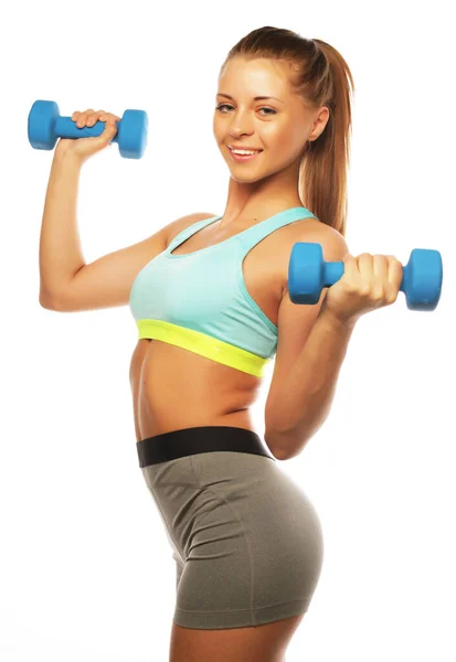 Young sporty Woman in sport equipment practice with hand weights — Stock Photo, Image