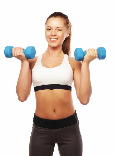 Young sporty Woman in sport equipment practice with hand weights — Stock Photo, Image
