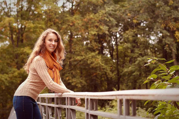 Moda giovane donna sul ponte in autunno parco — Foto Stock