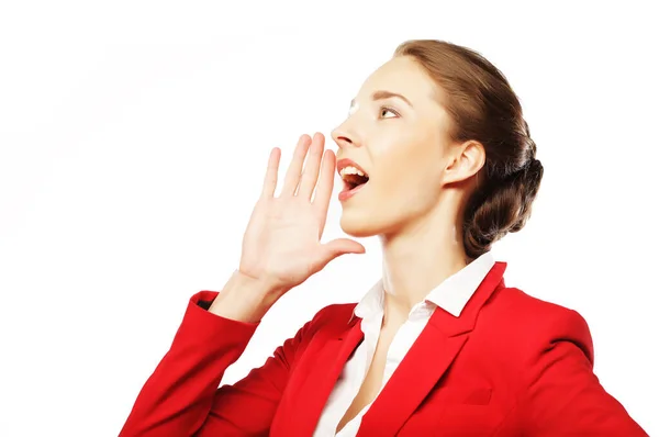 Hermosa mujer de negocios haciendo silencio signo sobre fondo blanco — Foto de Stock